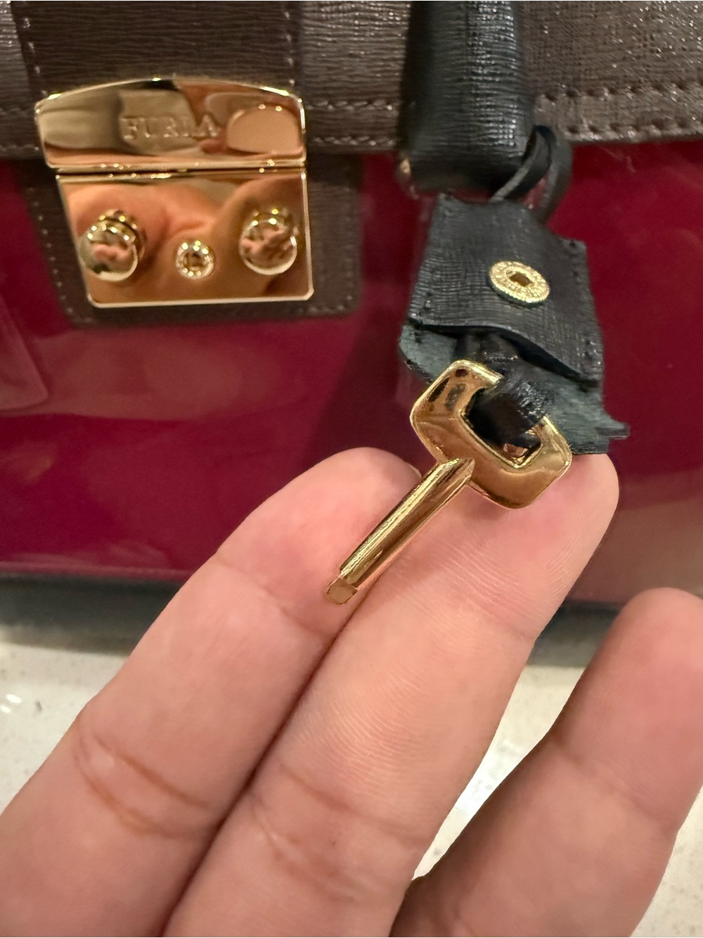 Furla Two-Tone Patent Satchel in Burgundy, Black and Brown - Picture 7 of 9